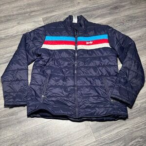 Wendy's Puffer Jacket Navy Blue Red White Blue Stripe Logo Zip Up Coat Large 448